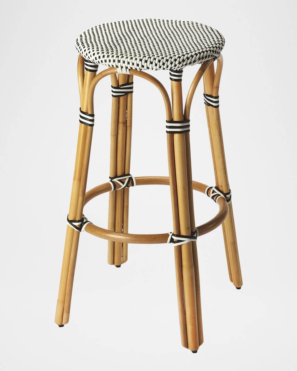 Tobias 30" Rattan Bar Stool, White/Black Dot